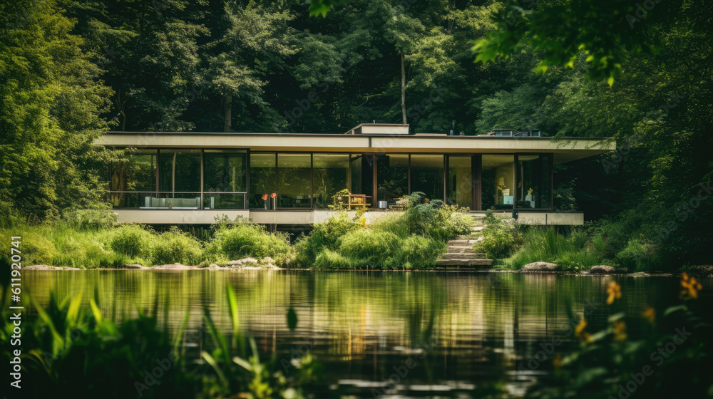 Generative ai illustration of modernist-looking house in a green paradise Generative ai illustration of modernist-looking house in a green paradise