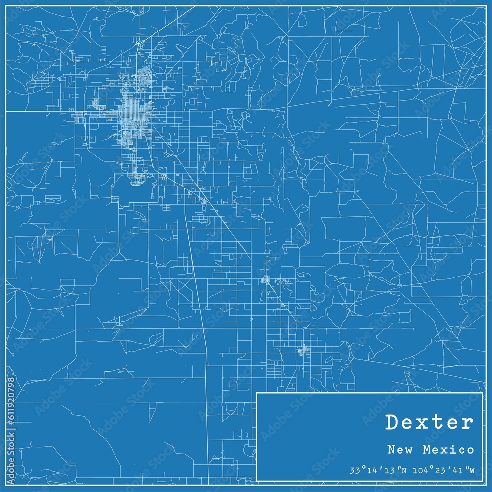 Blueprint US city map of Dexter, New Mexico.