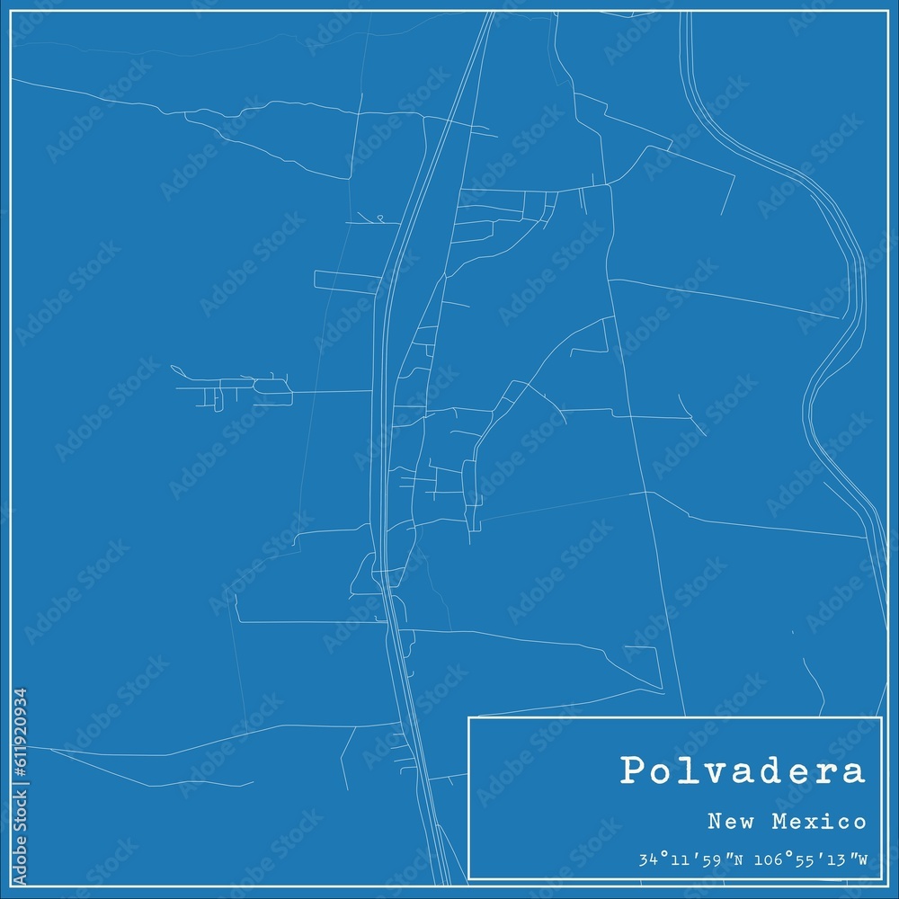 Blueprint US city map of Polvadera, New Mexico.