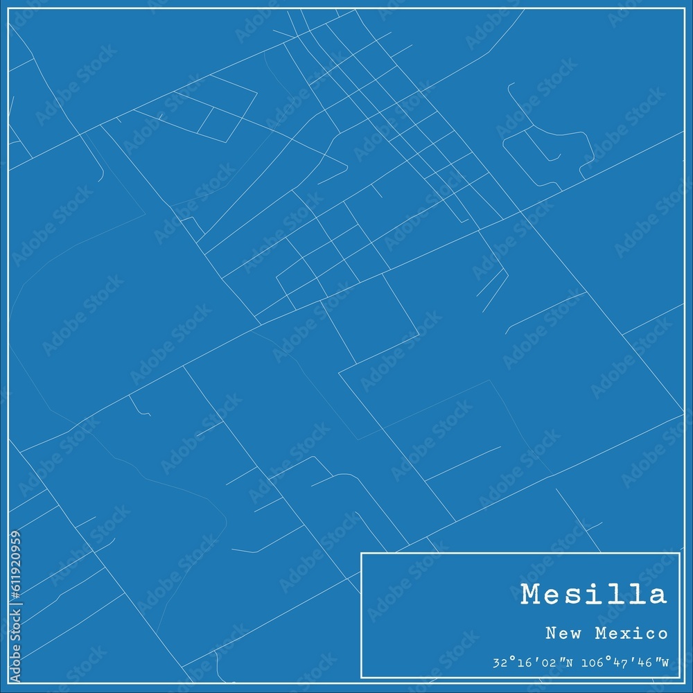 Blueprint US city map of Mesilla, New Mexico.