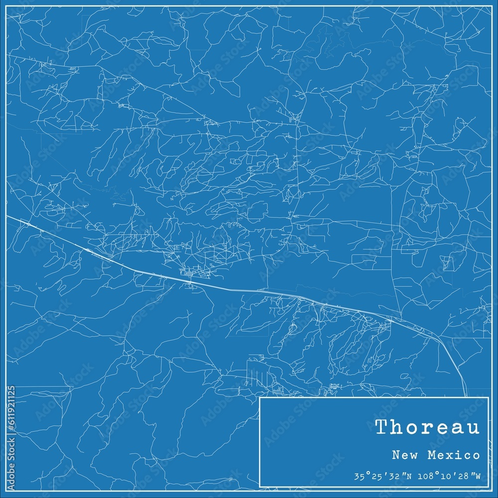 Blueprint US city map of Thoreau, New Mexico.