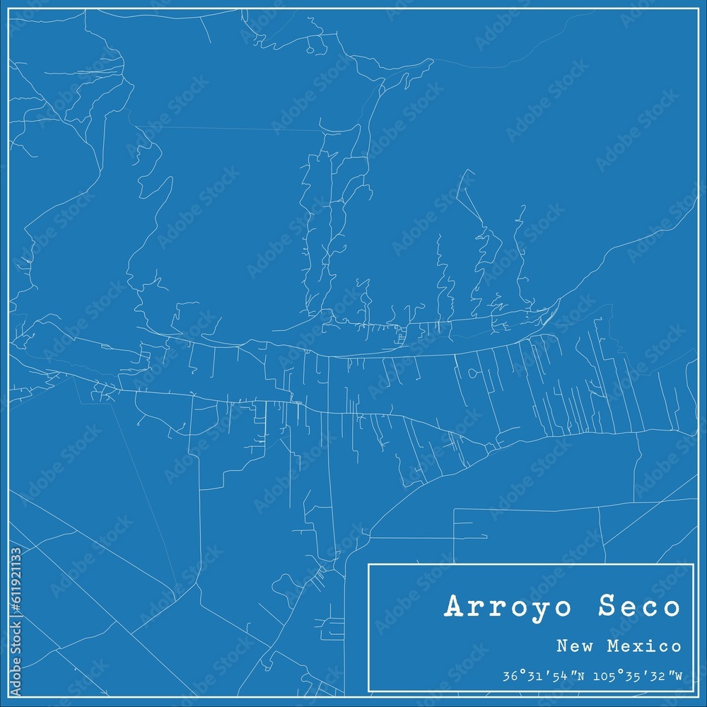 Blueprint US city map of Arroyo Seco, New Mexico.