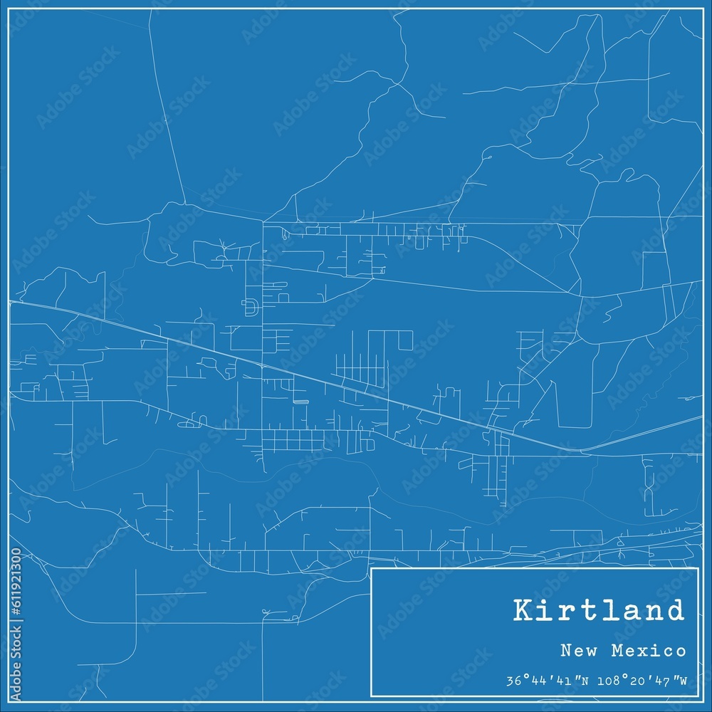 Blueprint US city map of Kirtland, New Mexico.
