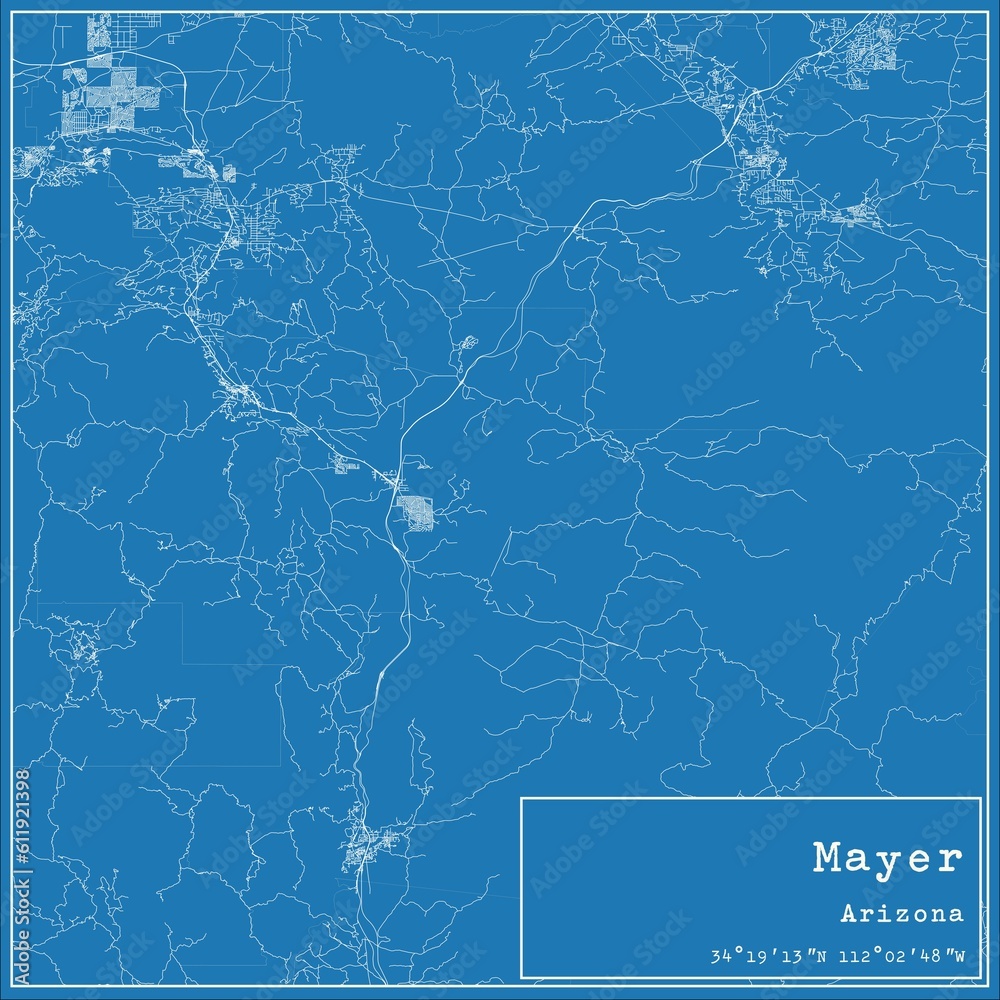 Blueprint US city map of Mayer, Arizona.