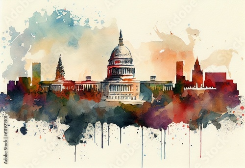 Beautiful view of Washington, watercolor sketches. generative AI.