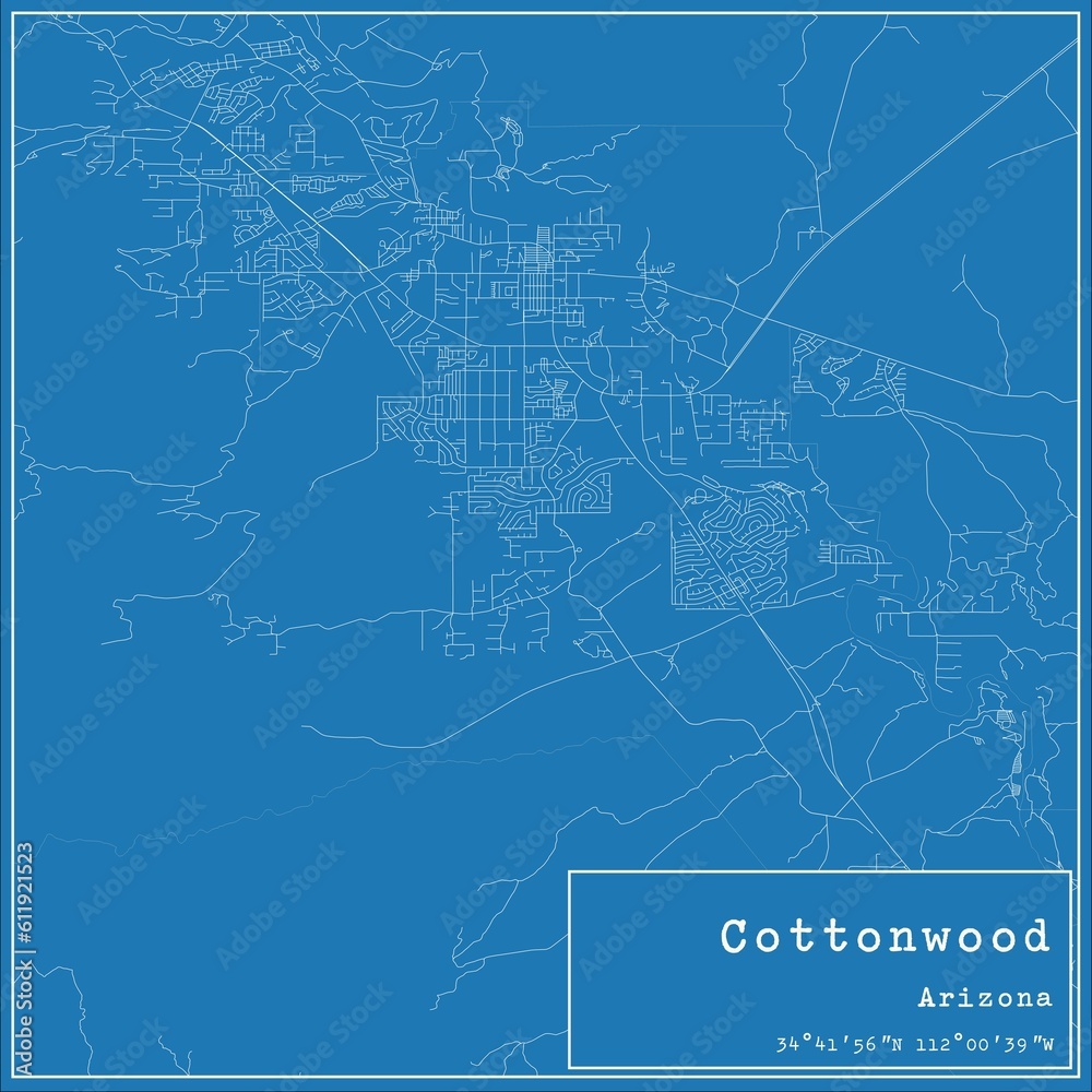 Blueprint US city map of Cottonwood, Arizona.
