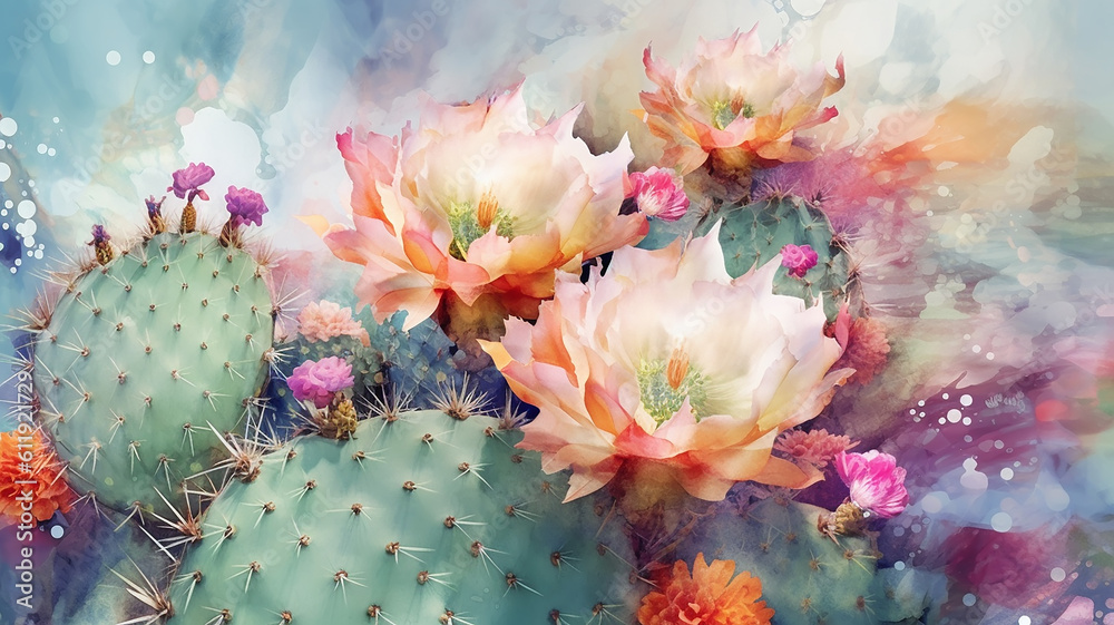 cacti bloom watercolor white background, spring, desert. generative AI cacti bloom watercolor white background, spring, desert. generative AI