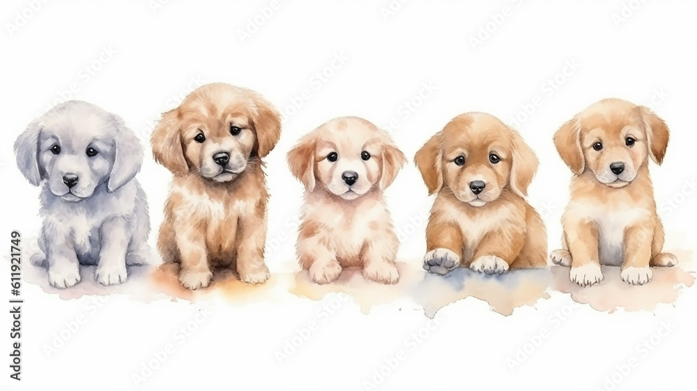 a group of cute watercolor puppies on a white background. generative Ai a group of cute watercolor puppies on a white background. generative Ai