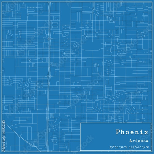 Blueprint US city map of Phoenix, Arizona.