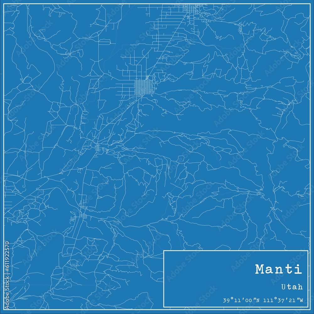 Blueprint US city map of Manti, Utah.