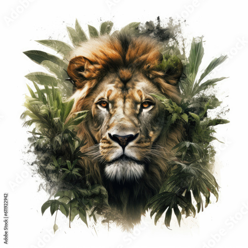 Generative ai illustration of detailed drawing illustration of a Lion in a jungle setting.