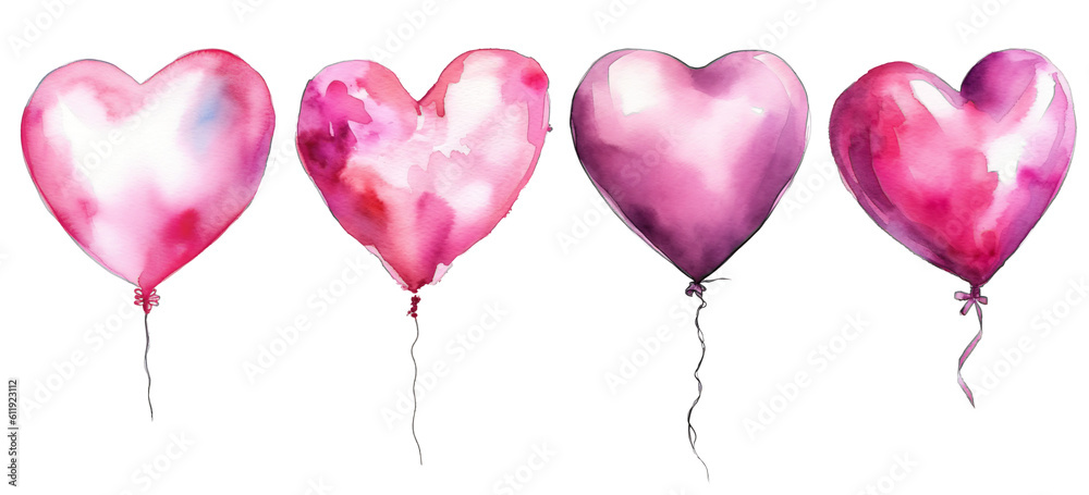 collection of single pink heart shape ballons in watercolor design on transparent background collection of single pink heart shape ballons in watercolor design on transparent background