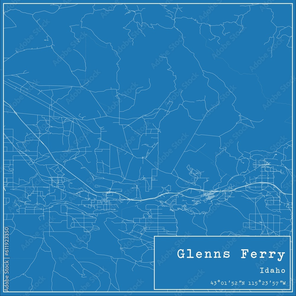 Blueprint US city map of Glenns Ferry, Idaho.