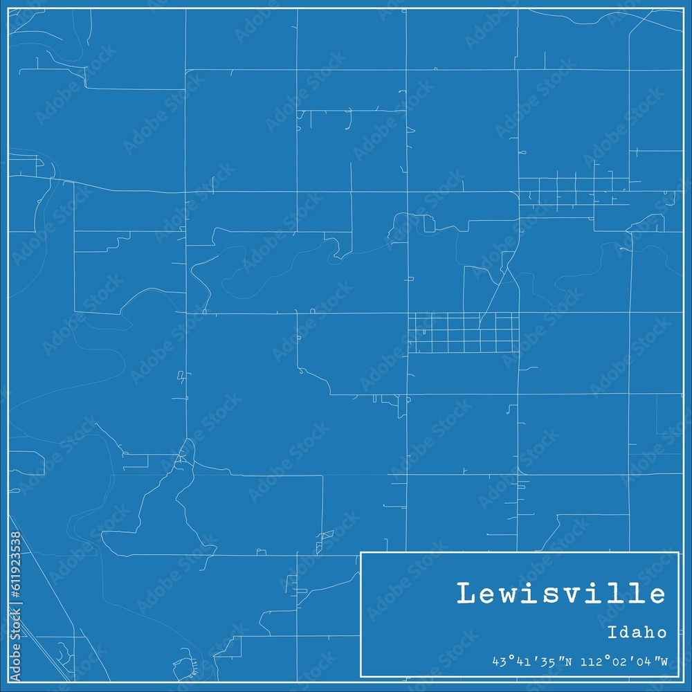 Blueprint US city map of Lewisville, Idaho.