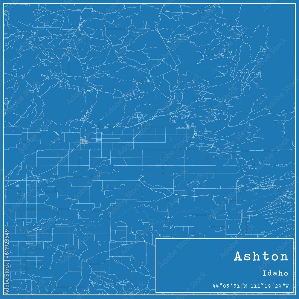 Blueprint US city map of Ashton, Idaho.