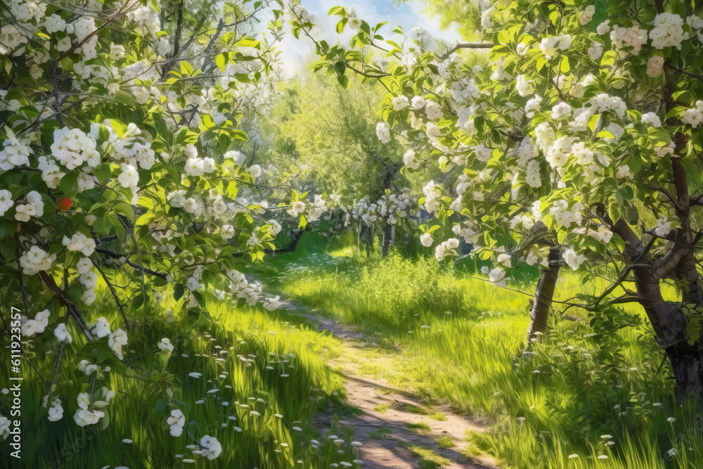 Blooming trees in the garden on a sunny day. Blooming trees in the garden on a sunny day.