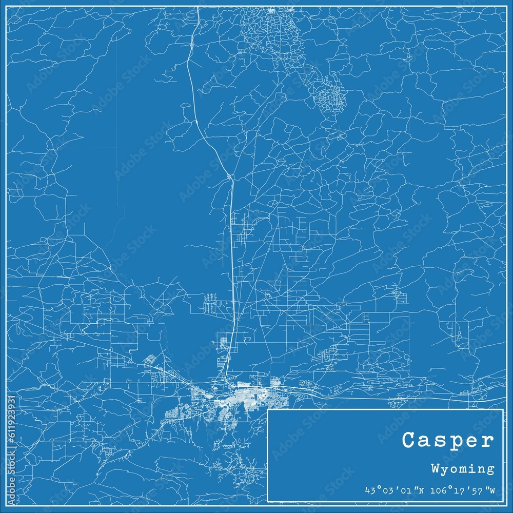 Blueprint US city map of Casper, Wyoming.