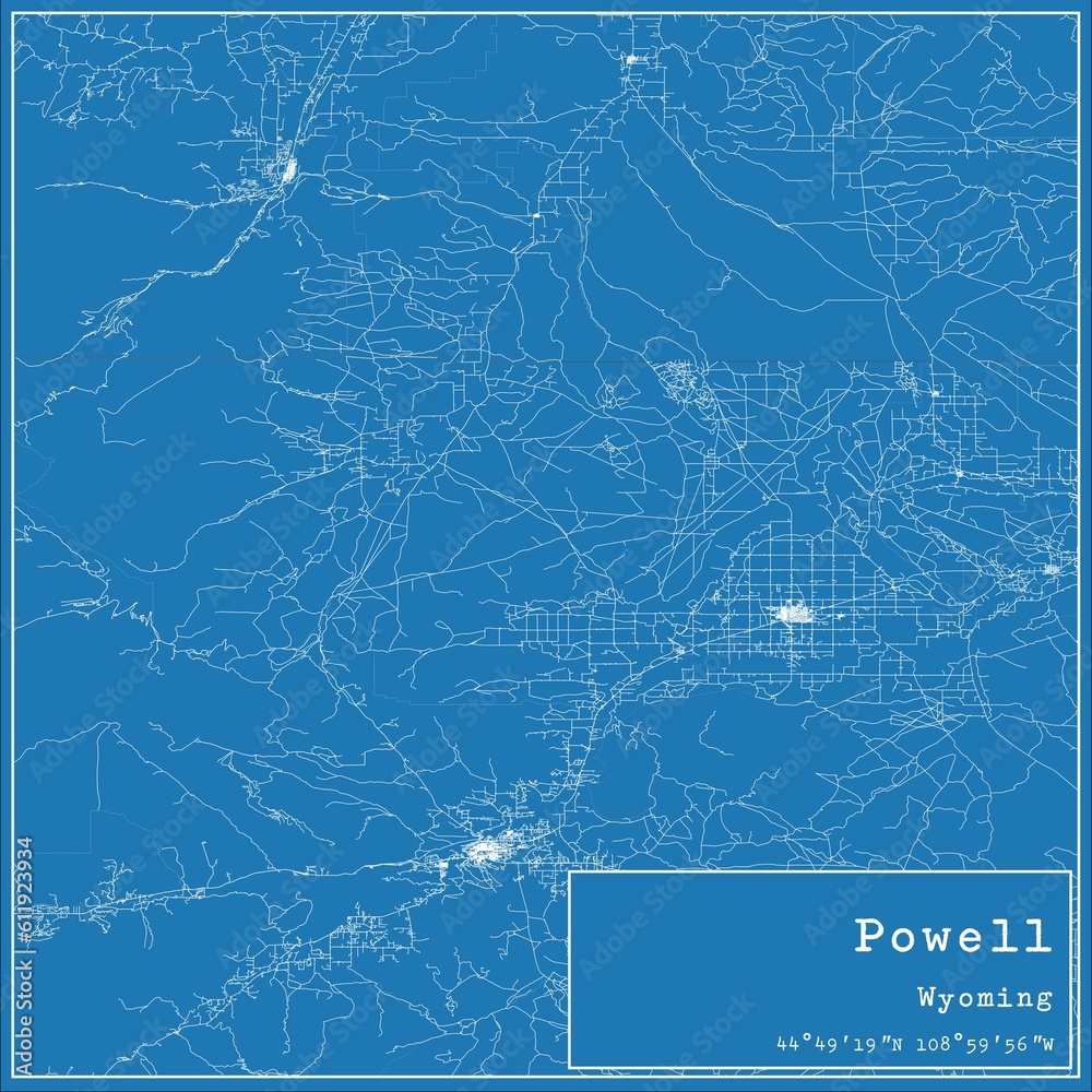 Blueprint US city map of Powell, Wyoming.