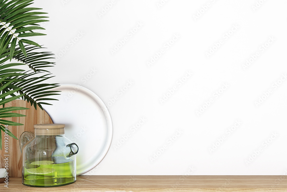 Background in kitchen room, white wall blank, 3d render Stock