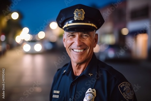 Portrait of a smiling mature policeman standing in the street at night photo