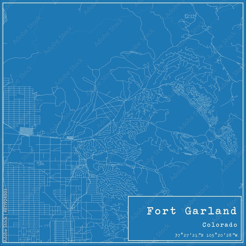 Blueprint US city map of Fort Garland, Colorado.