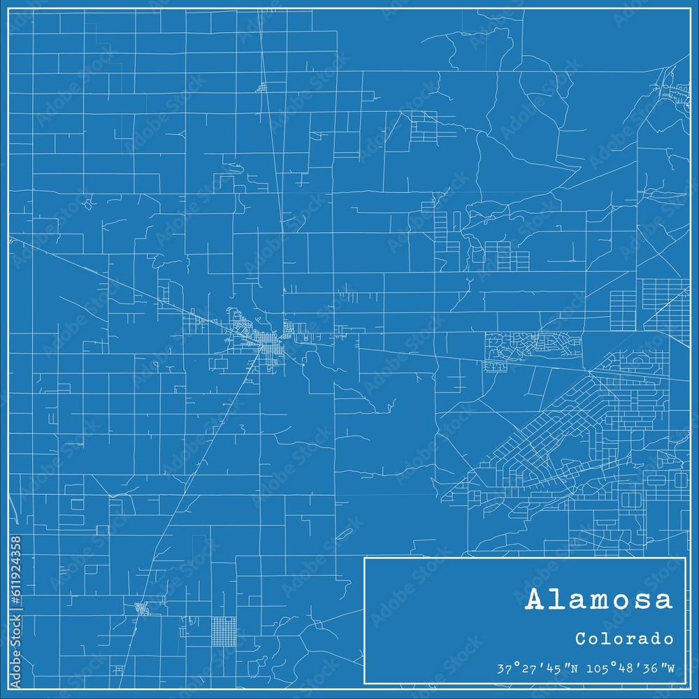 Blueprint US city map of Alamosa, Colorado.