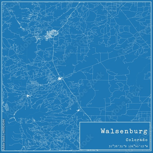 Blueprint US city map of Walsenburg, Colorado.