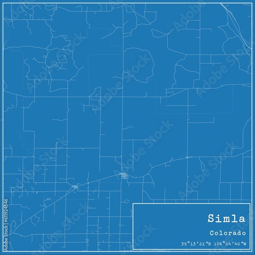Blueprint US city map of Simla, Colorado.