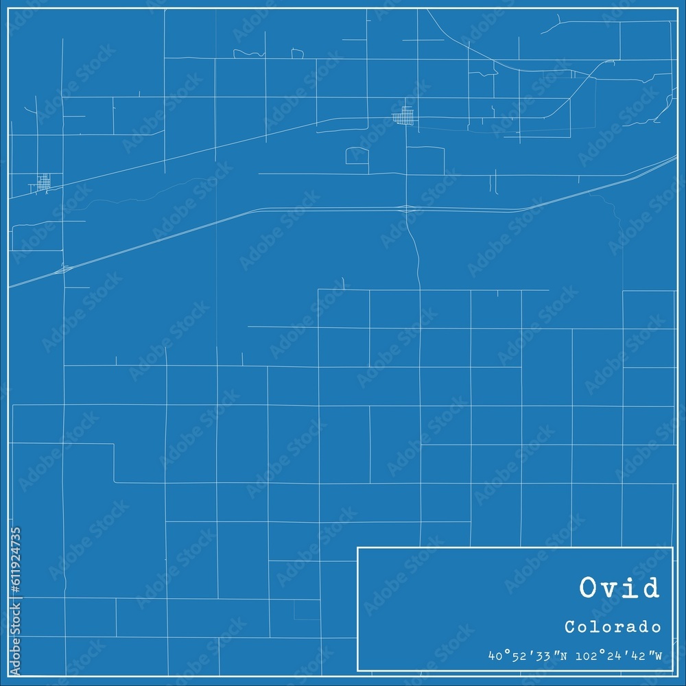 Blueprint US city map of Ovid, Colorado.