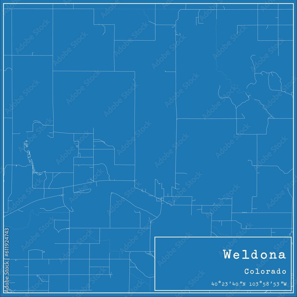 Blueprint US city map of Weldona, Colorado.