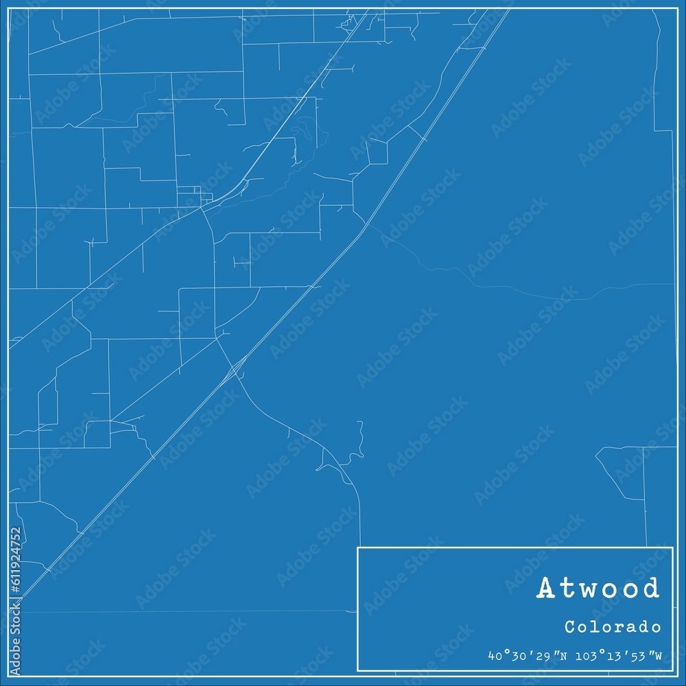 Fototapeta premium Blueprint US city map of Atwood, Colorado.