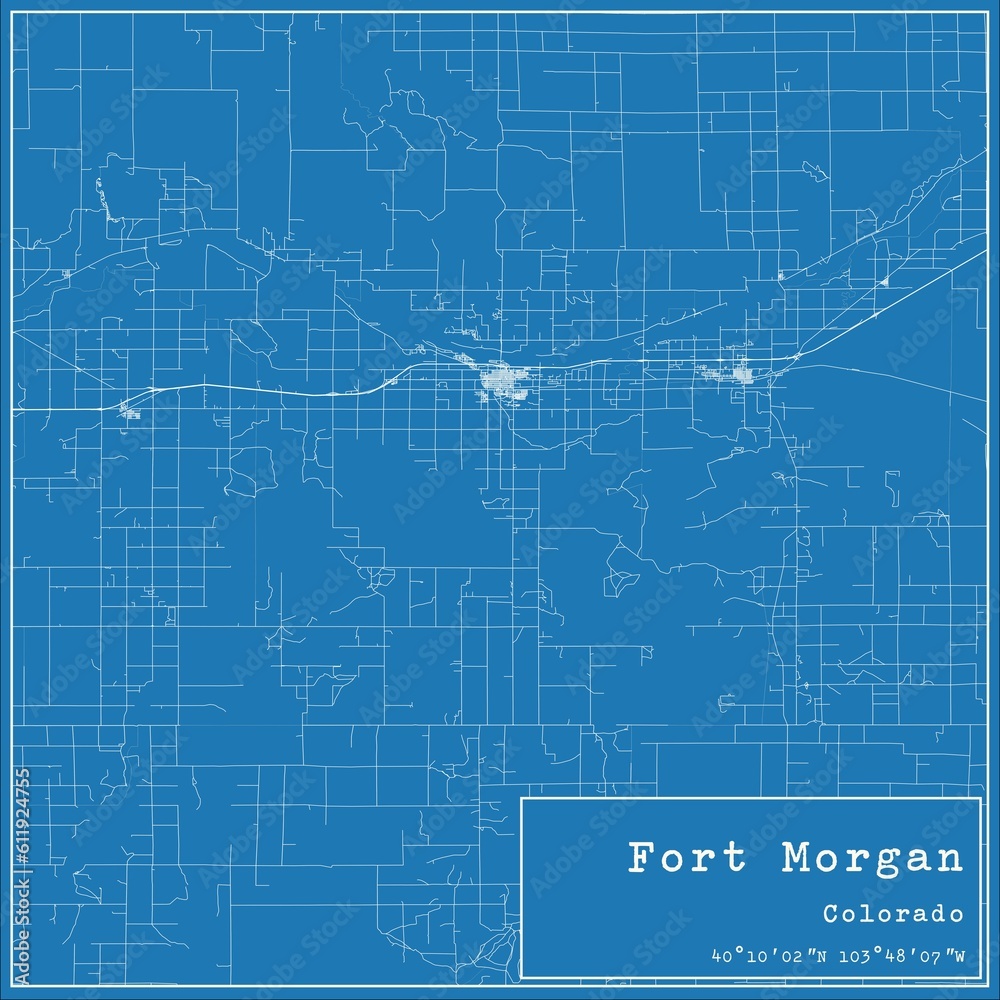 Blueprint US city map of Fort Morgan, Colorado.