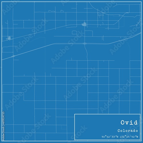 Blueprint US city map of Ovid, Colorado.