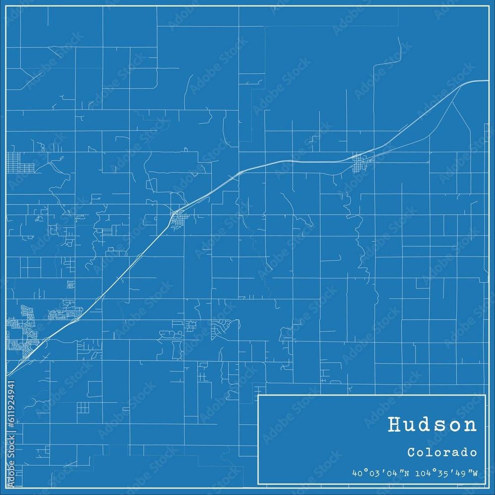 Blueprint US city map of Hudson, Colorado.