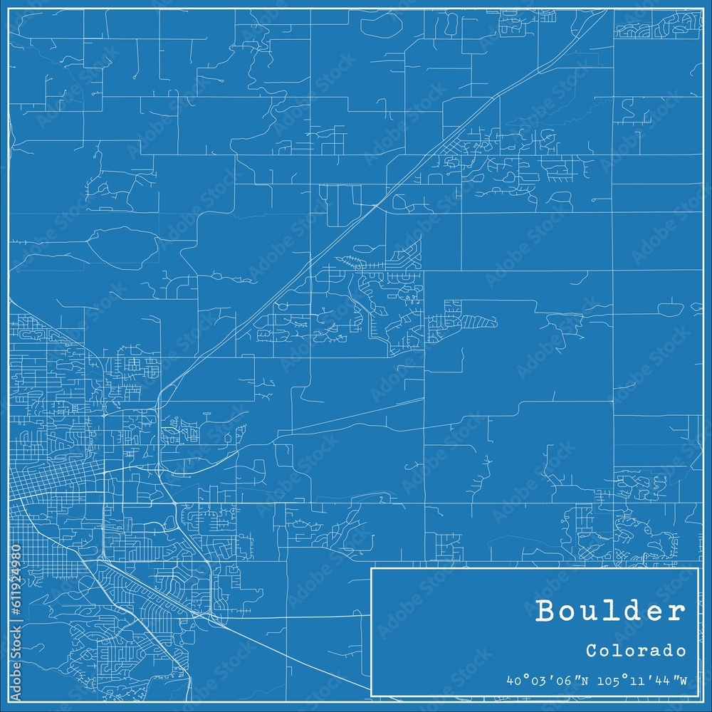 Blueprint US city map of Boulder, Colorado.