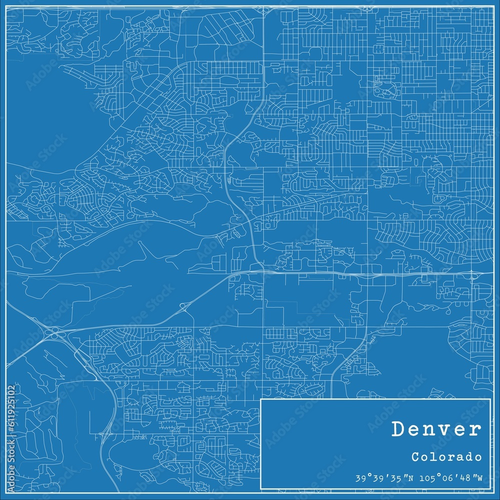 Blueprint US city map of Denver, Colorado.