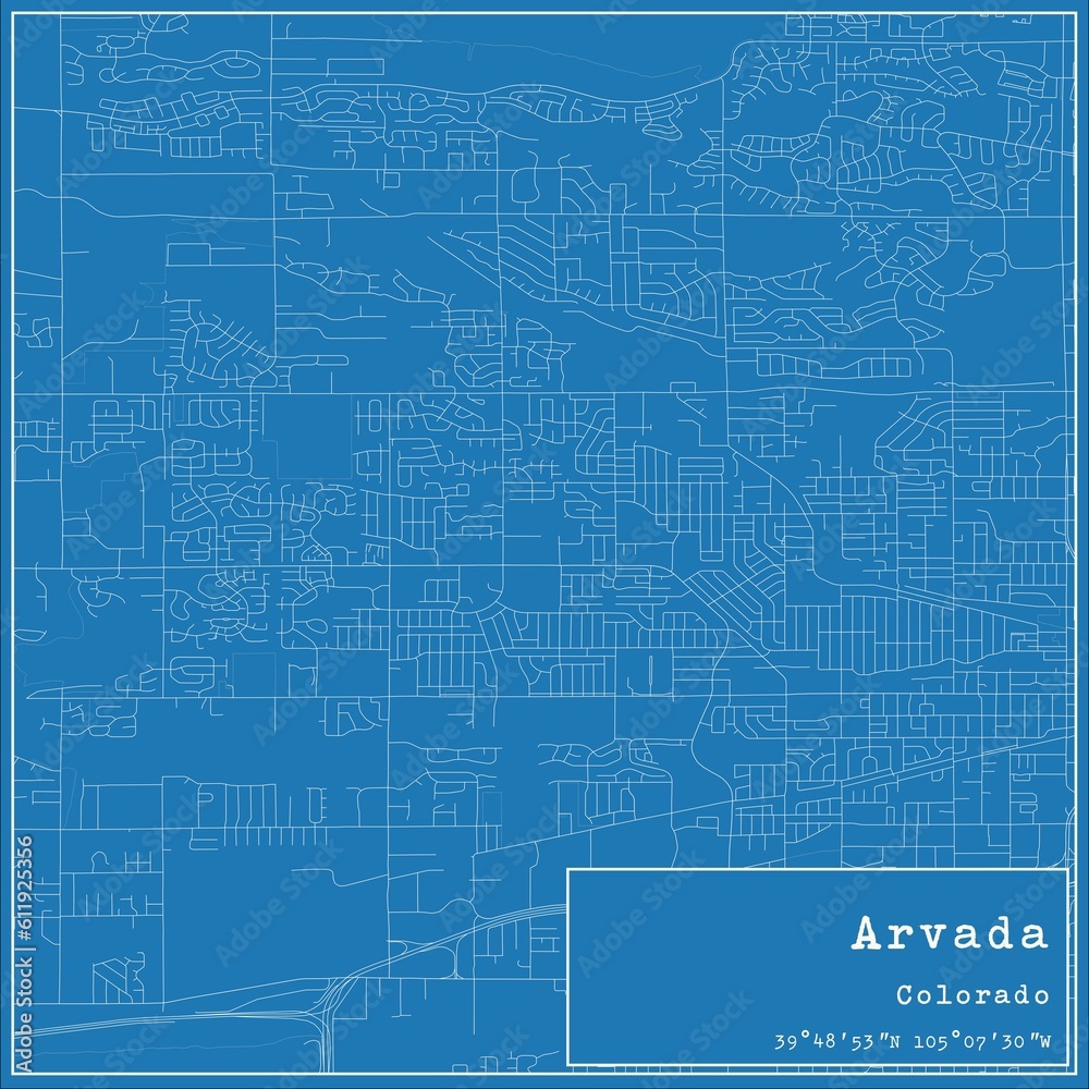 Blueprint US city map of Arvada, Colorado.