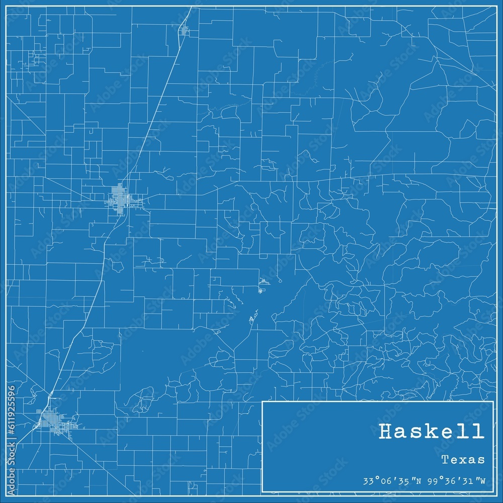 Blueprint US city map of Haskell, Texas.