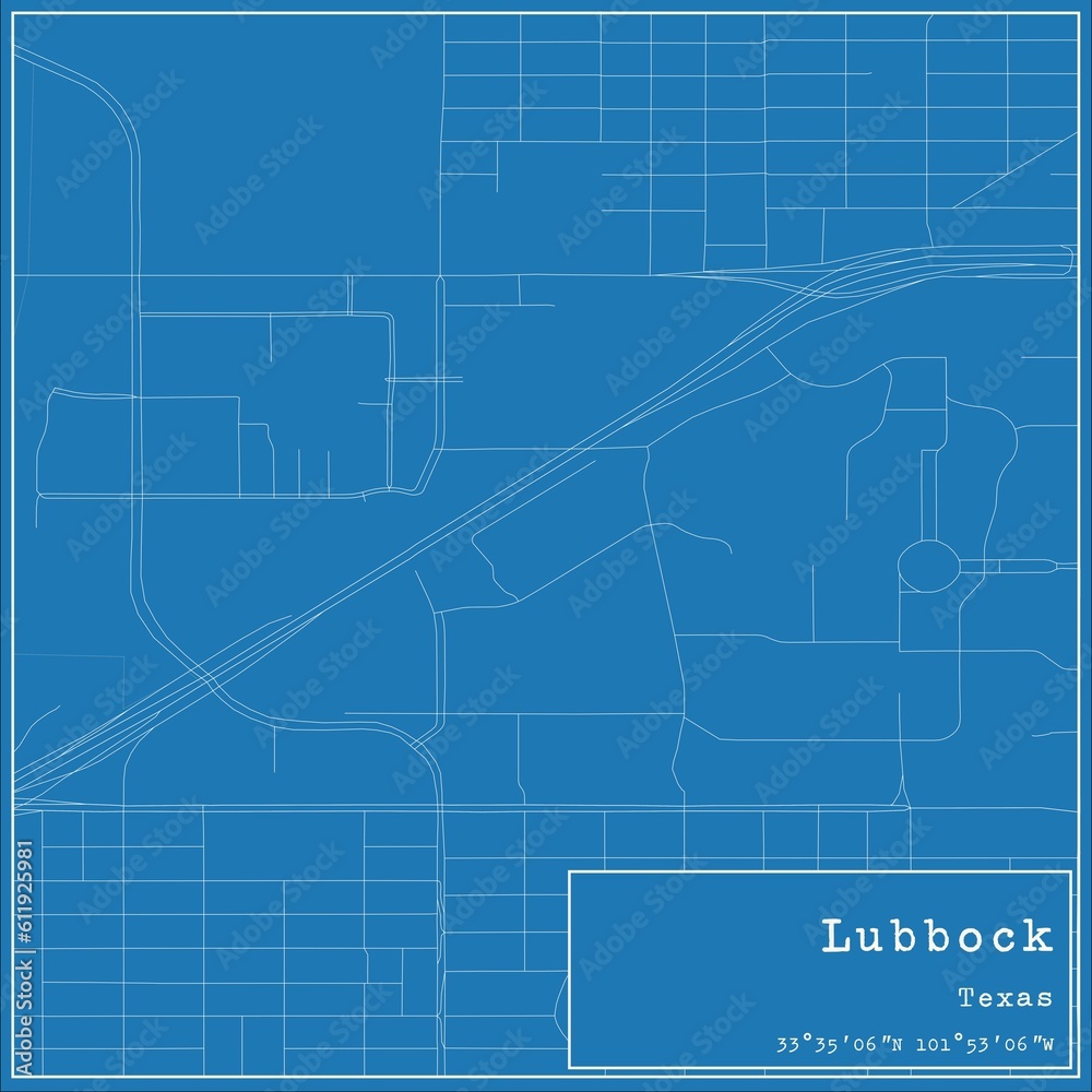 Blueprint US city map of Lubbock, Texas.