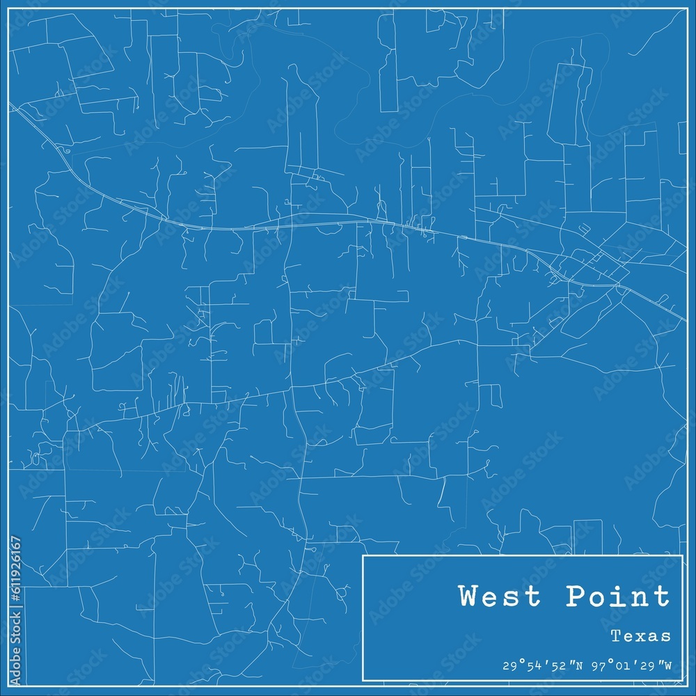 Blueprint US city map of West Point, Texas.