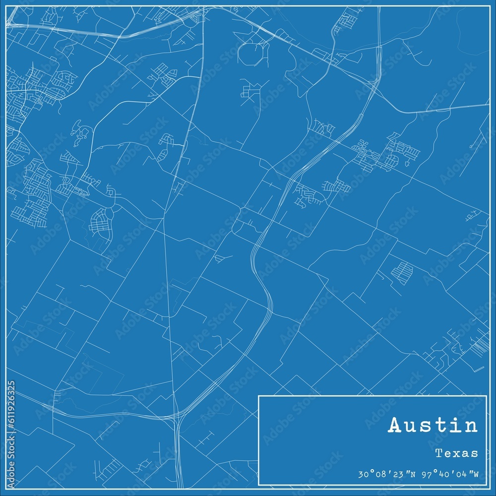 Blueprint US city map of Austin, Texas.