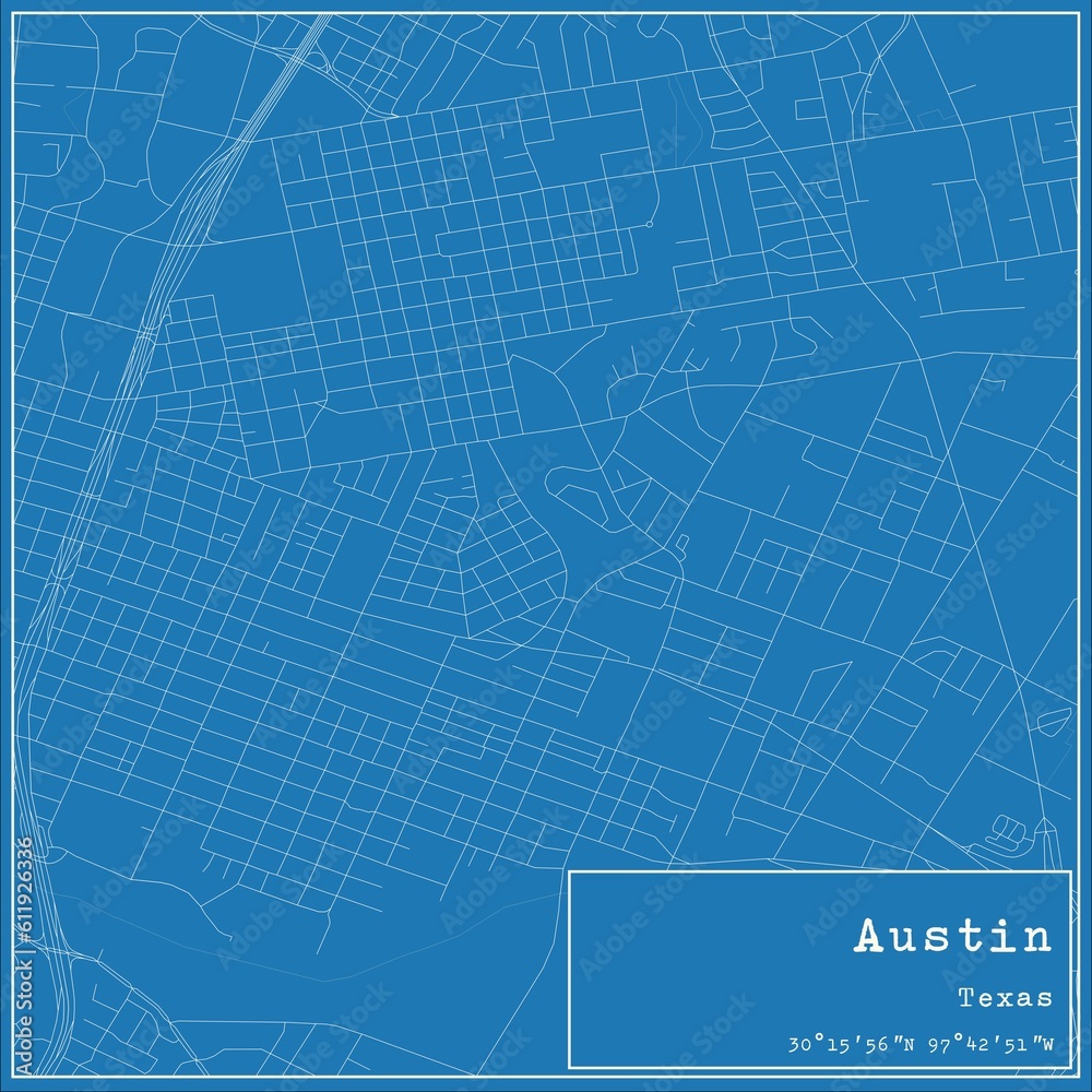 Blueprint US city map of Austin, Texas.