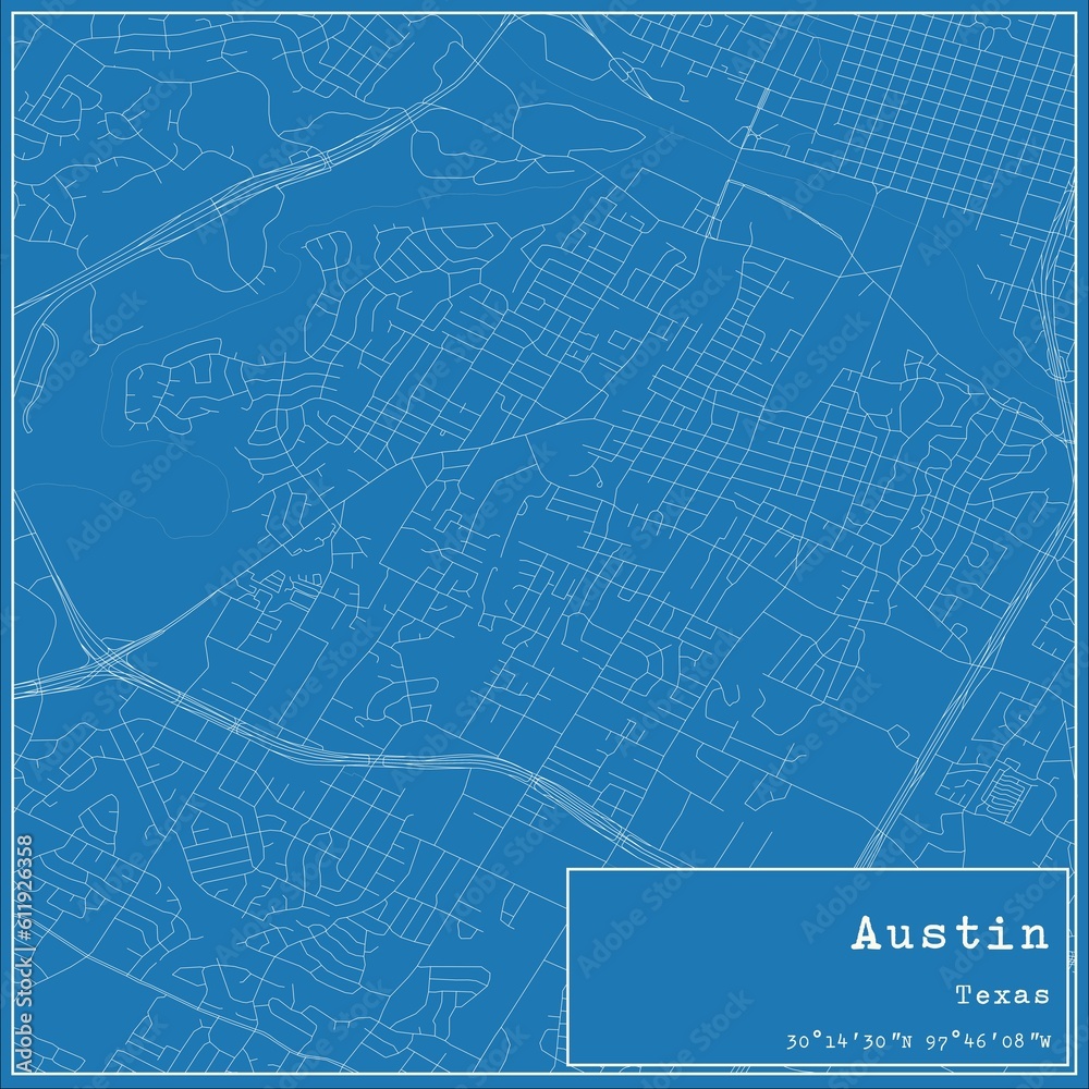 Blueprint US city map of Austin, Texas.