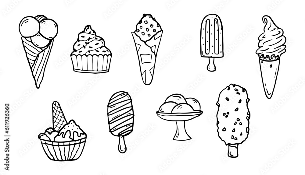 Doodle ice cream set of hand drawn waffle cone, eskimo, in a bowl, popsicle, sundae. Best using for cafe, menu, design, birthday