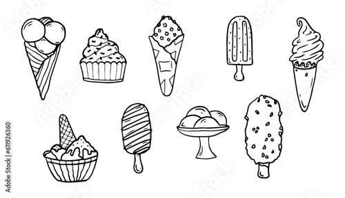 Doodle ice cream set of hand drawn waffle cone, eskimo, in a bowl, popsicle, sundae. Best using for cafe, menu, design, birthday