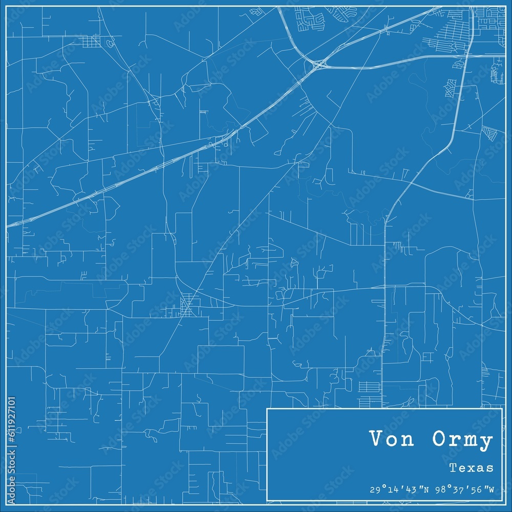 Blueprint US city map of Von Ormy, Texas.