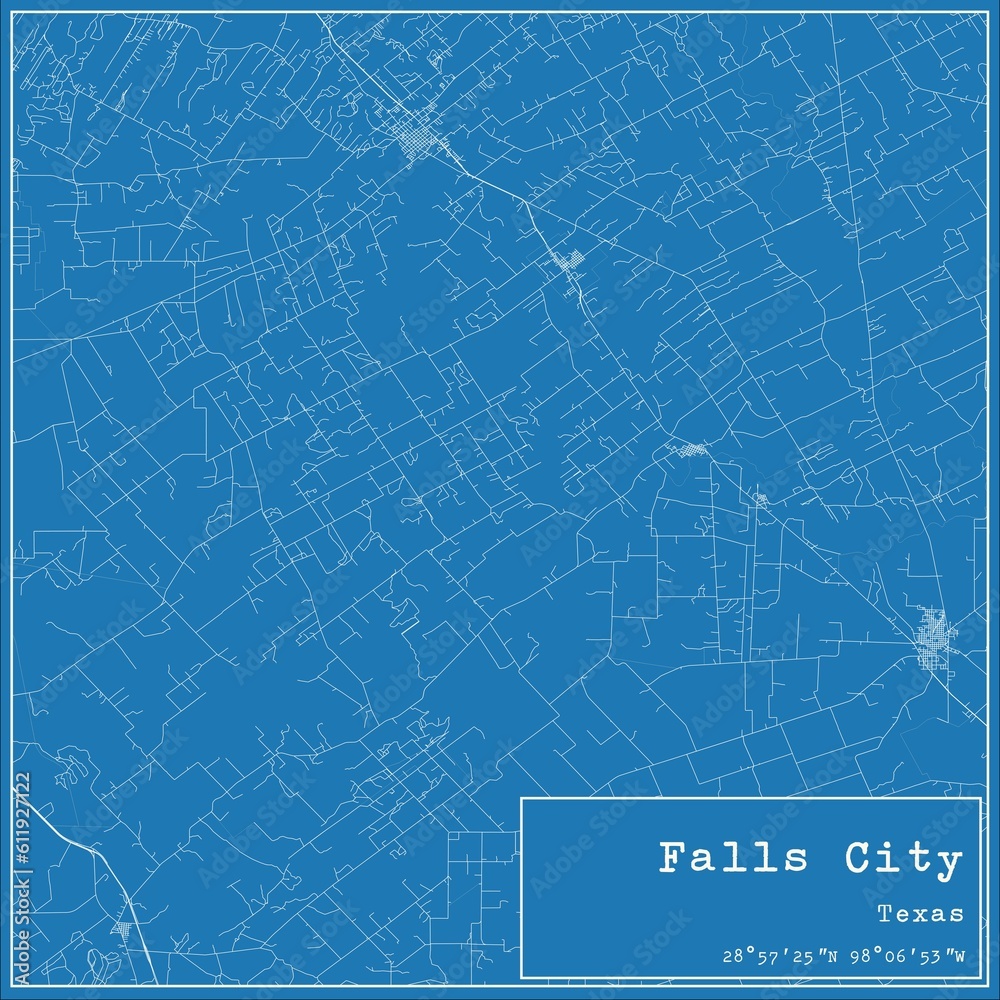 Blueprint US city map of Falls City, Texas.