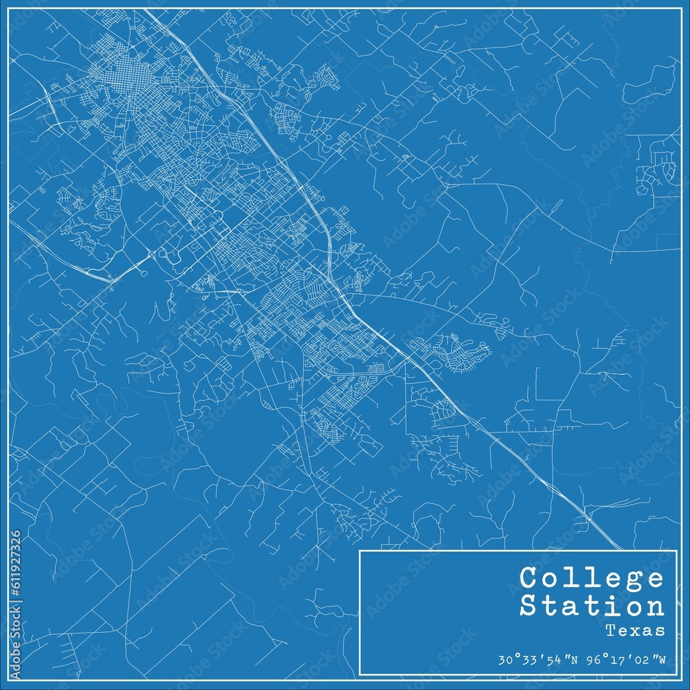 Blueprint US city map of College Station, Texas.