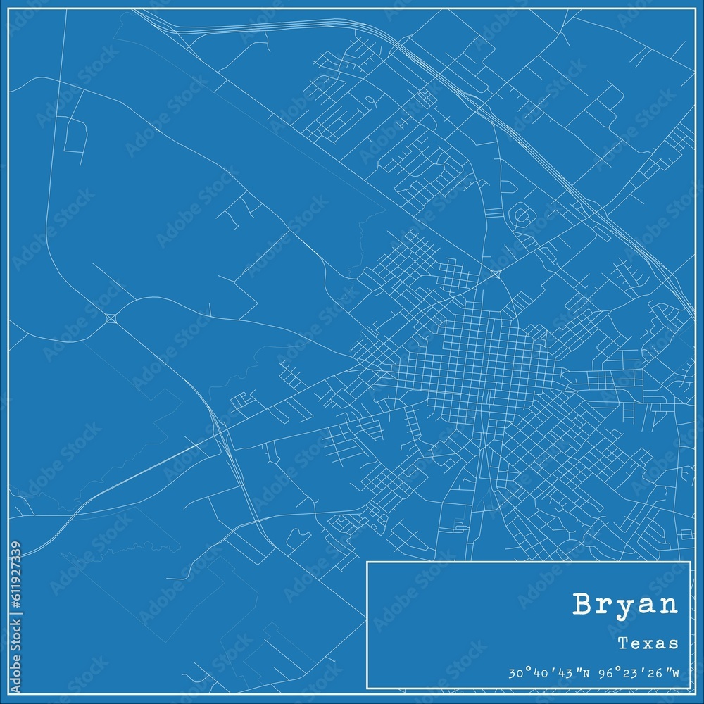 Blueprint US city map of Bryan, Texas.