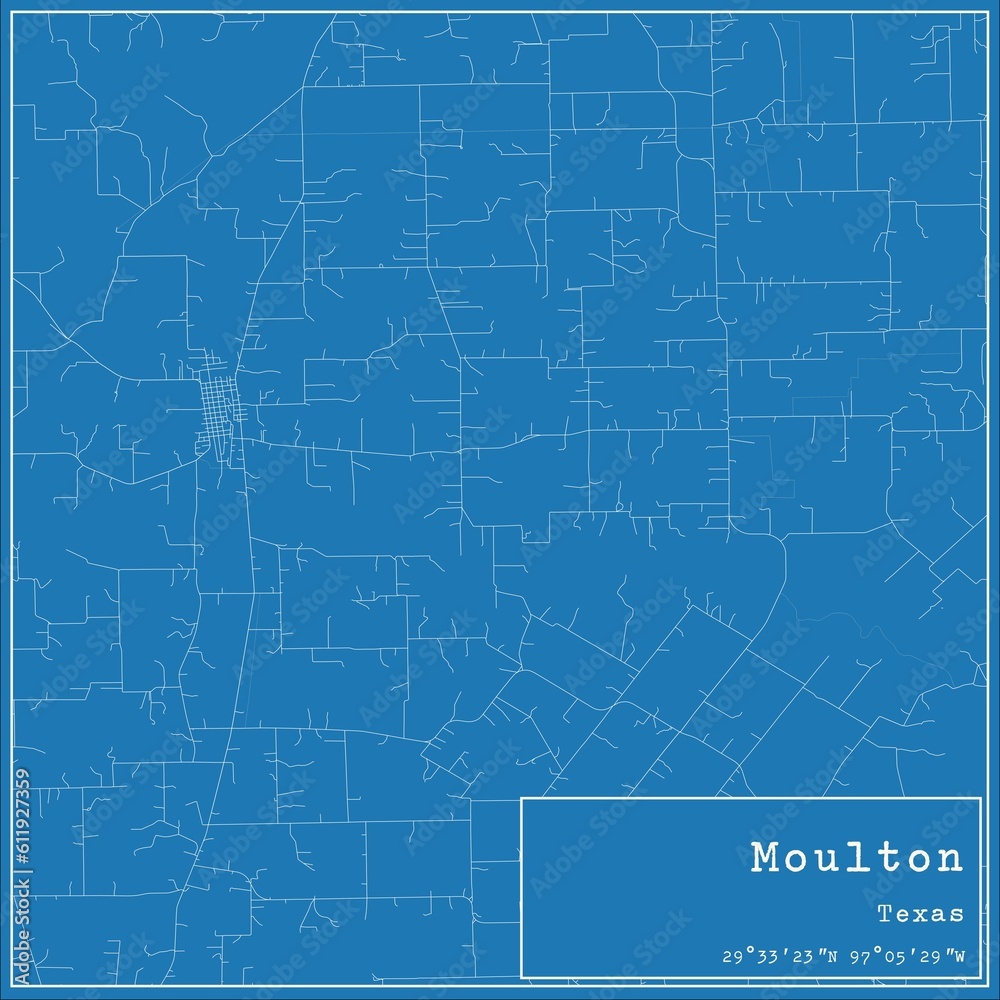 Blueprint US city map of Moulton, Texas.